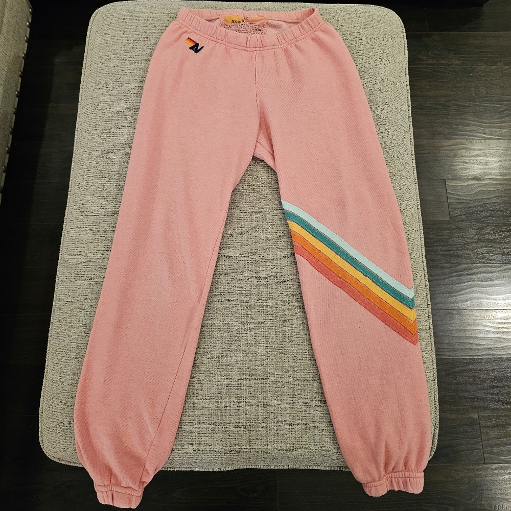 Aviator Nation Pink Track Pants with Rainbow Stripe